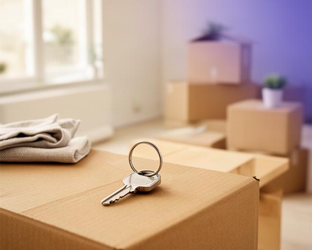 Wohnungsschlüssel auf einem Umzugskarton in einer hellen neuen Mietwohnung